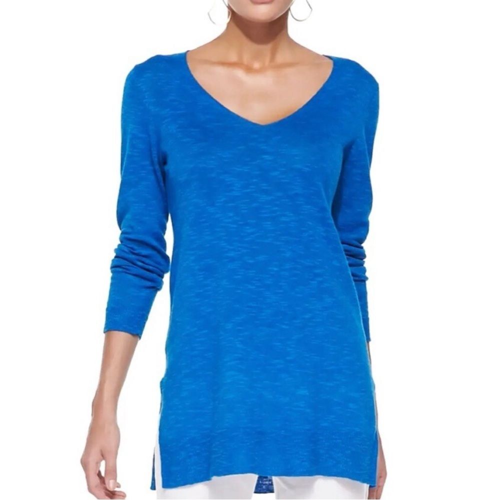 Eileen Fisher Organic Linen and Cotton Blue V Neck Pullover Tunic Top Sweater
